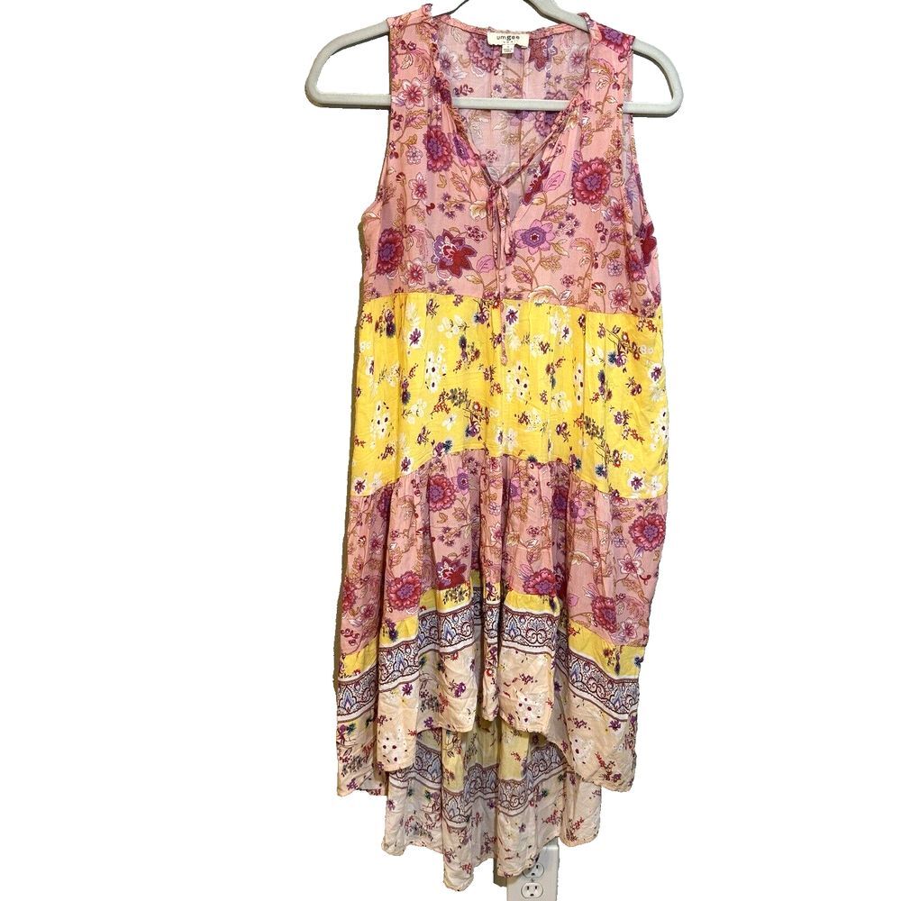 Umgee Women's Boho Floral Sleeveless Mixed Media High Low Maxi Dress Size Small